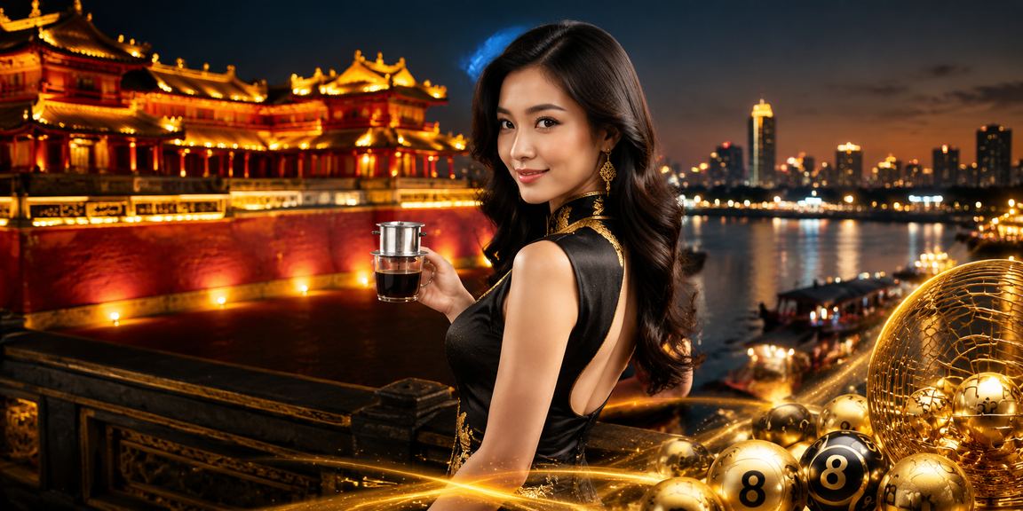 Cảnh Sài Gòn buổi sáng với người dùng kiểm tra kết quả xổ số và tài khoản cược bên cốc cà phê